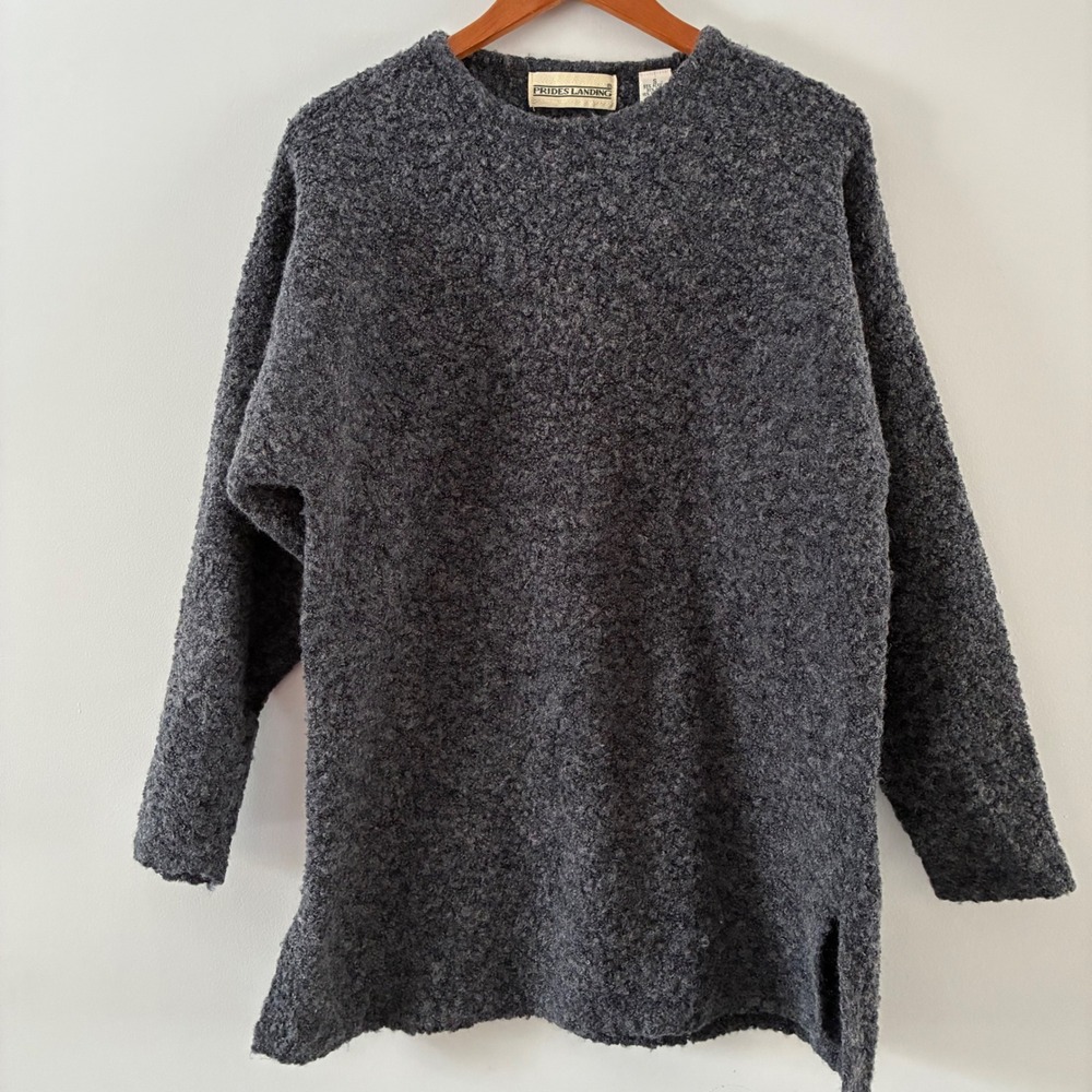 Prides Landing Women Charcoal Grey Wool Blend Boucle Knit Crew Neck Sweater S